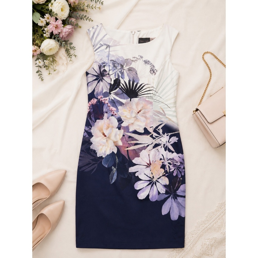 Phase‎ Eight Blue Cotton Floral Print Sheath Dress, Sleeveless Knee Length, Sz 8